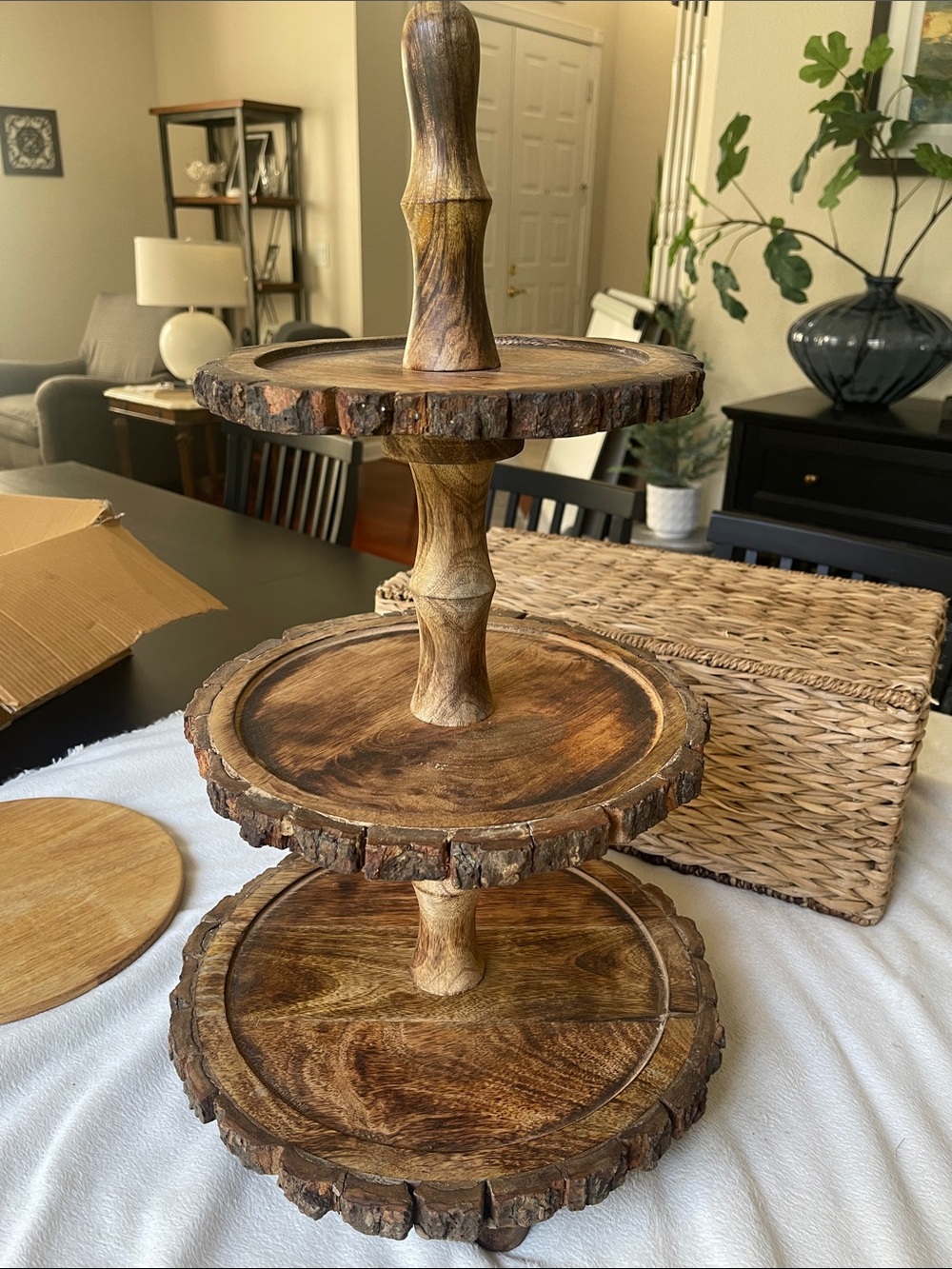 3 Tier Cake Stand Server Natural Bark Edge Solid Wood Easy Assembly Stores Flat